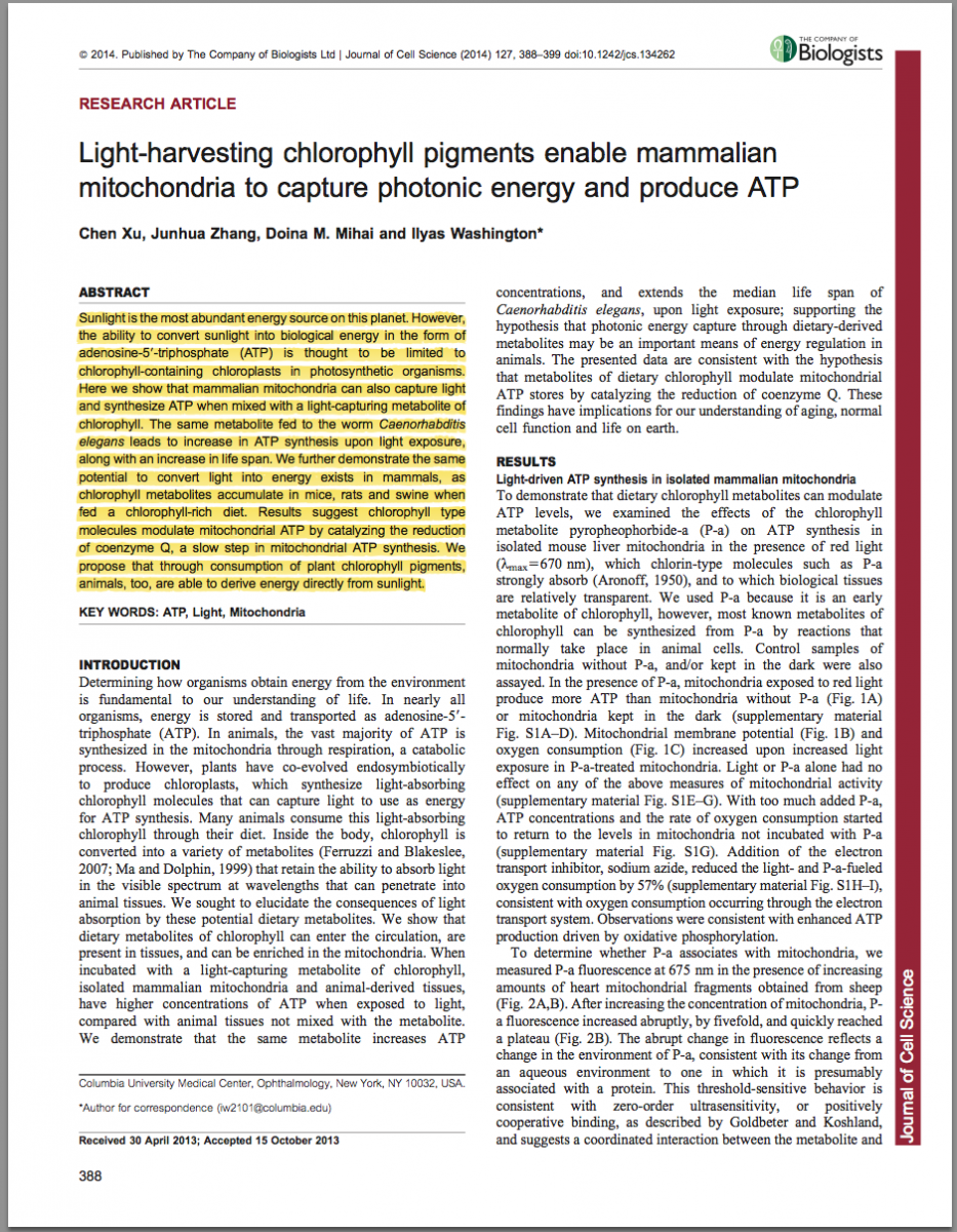 Light-harvesting chlorophyll pigments enable mammalian mitochondria to capture photonic energy and produce ATP