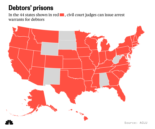 In the 44 states shown in orange, civil court judges can issue arrest warrants for debtors